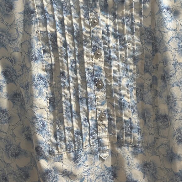 LOFT size L blue floral print 1/3 button pin tuck long sleeve Boho top - Picture 2 of 8